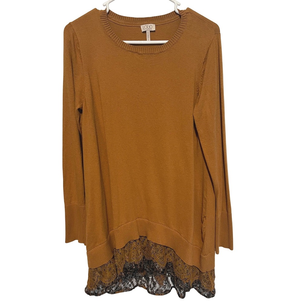 LOGO Lori Goldstein Size L Sweater Tunic Top Lace Hem Brown Cashmere Cotton